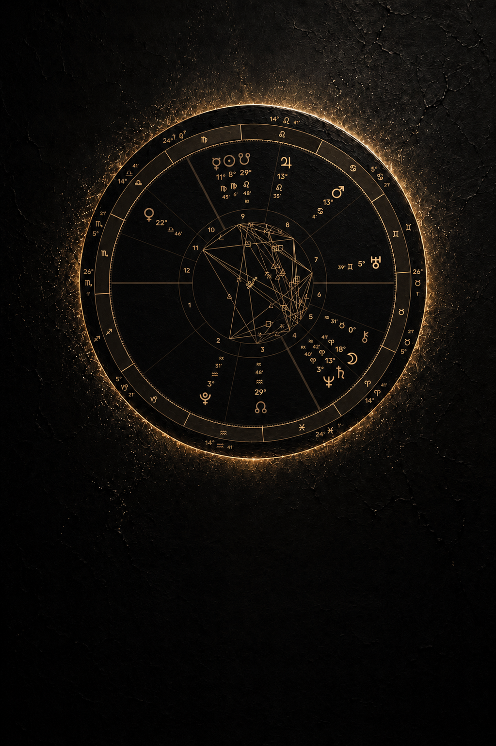 A gold astrology chart held within a dark eclipse